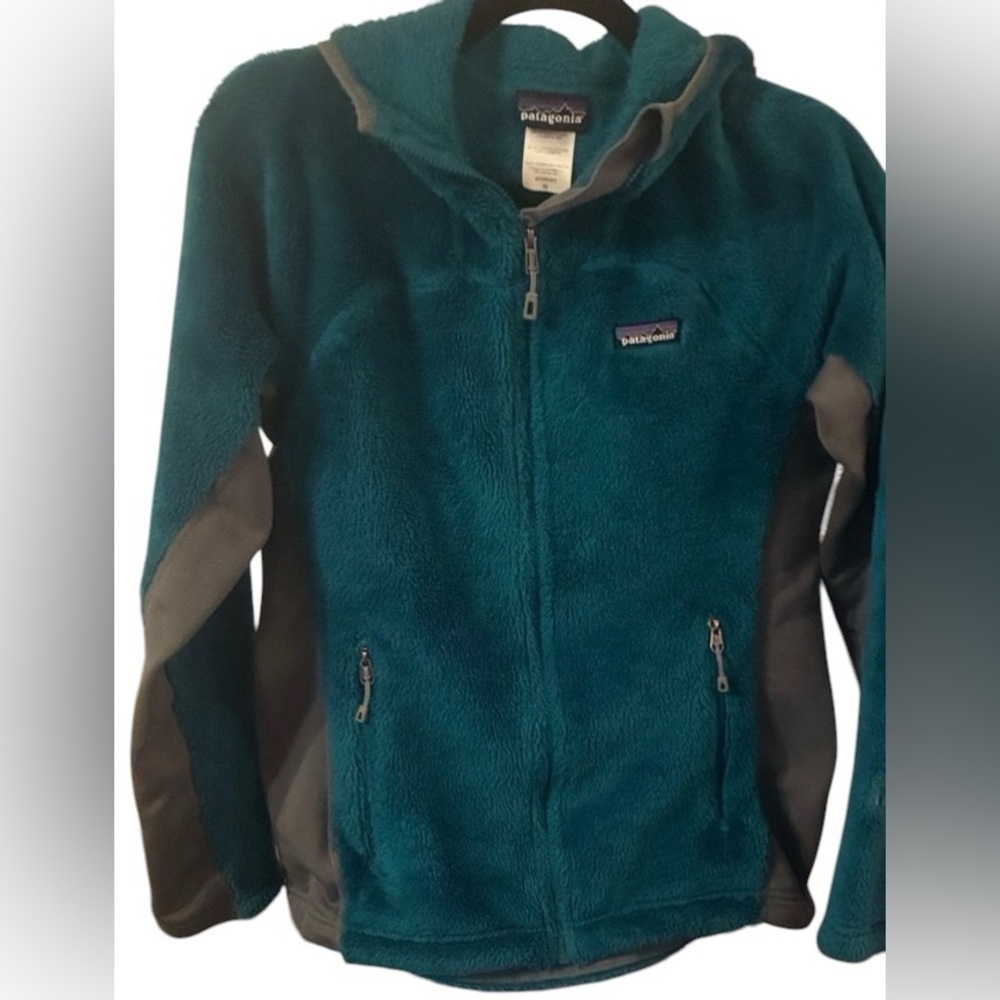 Patagonia Teal Plush Full-Zip Fleece with Light Gray Accents and hood - M